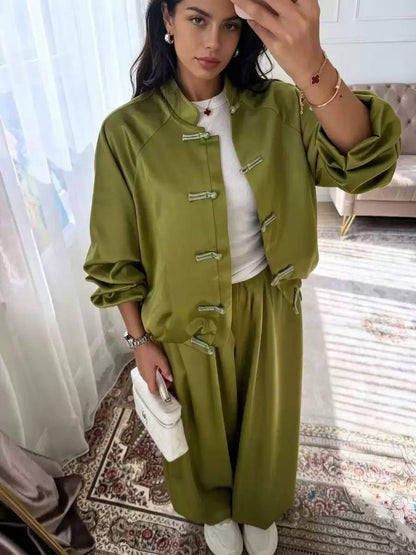 Long Sleeve Mandarin Collar Jacket and High-Waisted Pants Set