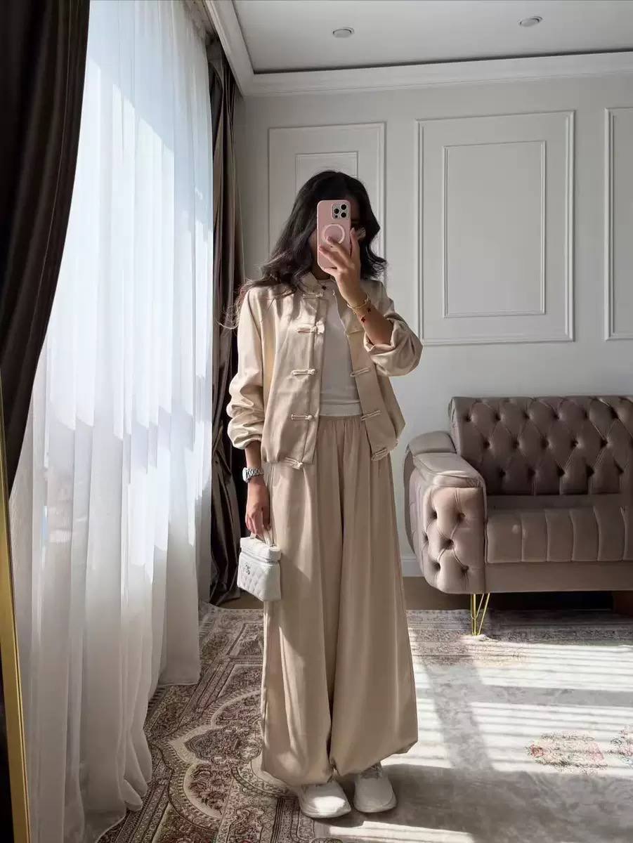 Long Sleeve Mandarin Collar Jacket and High-Waisted Pants Set