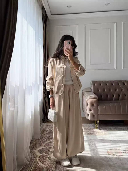 Long Sleeve Mandarin Collar Jacket and High-Waisted Pants Set