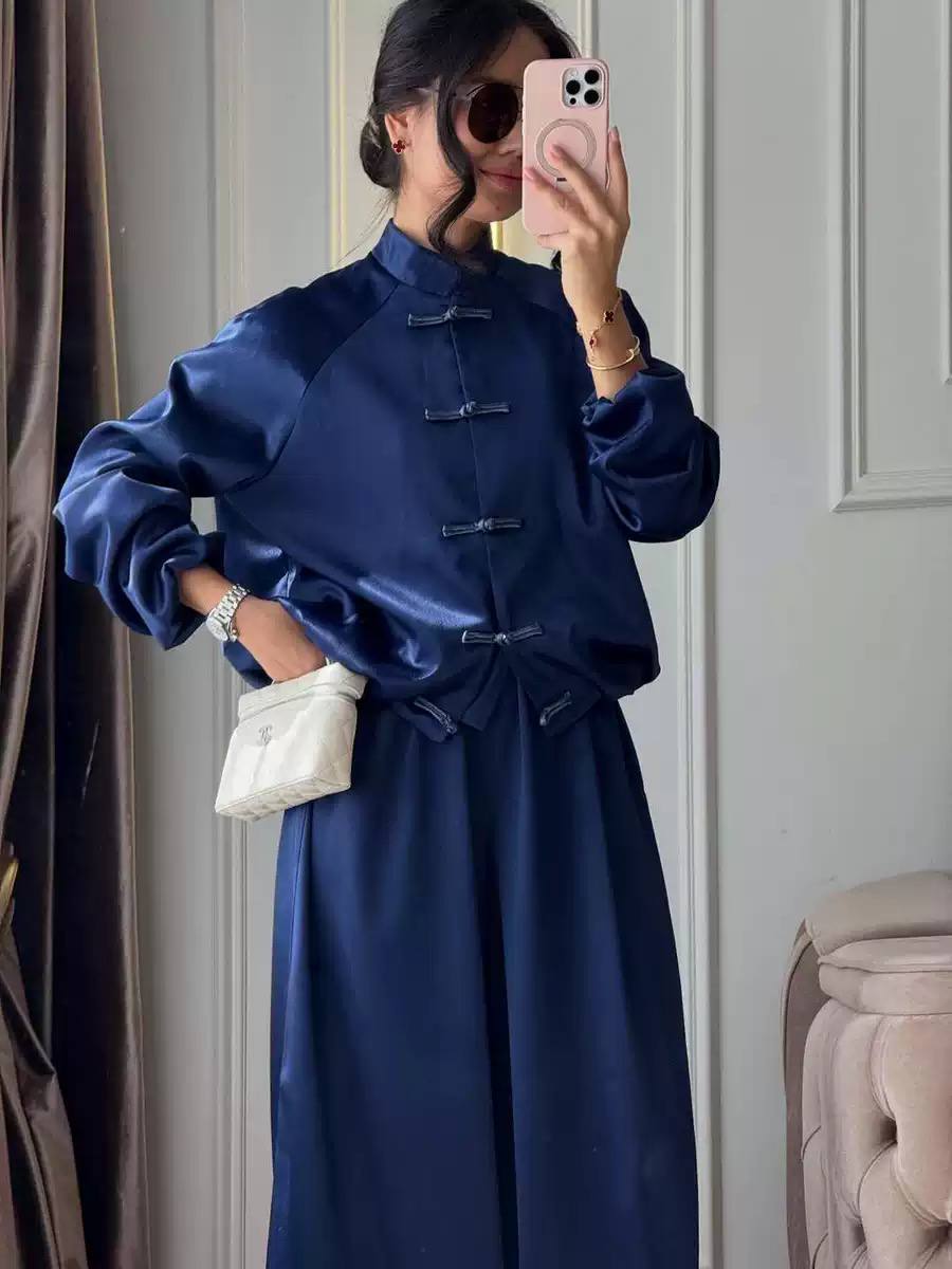 Long Sleeve Mandarin Collar Jacket and High-Waisted Pants Set