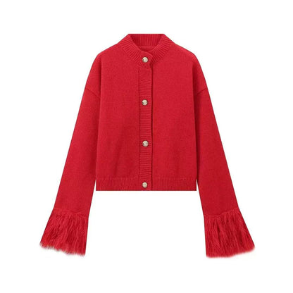 Button Front Knit Cardigan Feather-Trim Cuffs