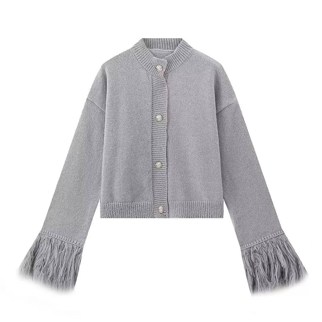 Button Front Knit Cardigan Feather-Trim Cuffs