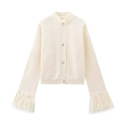 Button Front Knit Cardigan Feather-Trim Cuffs