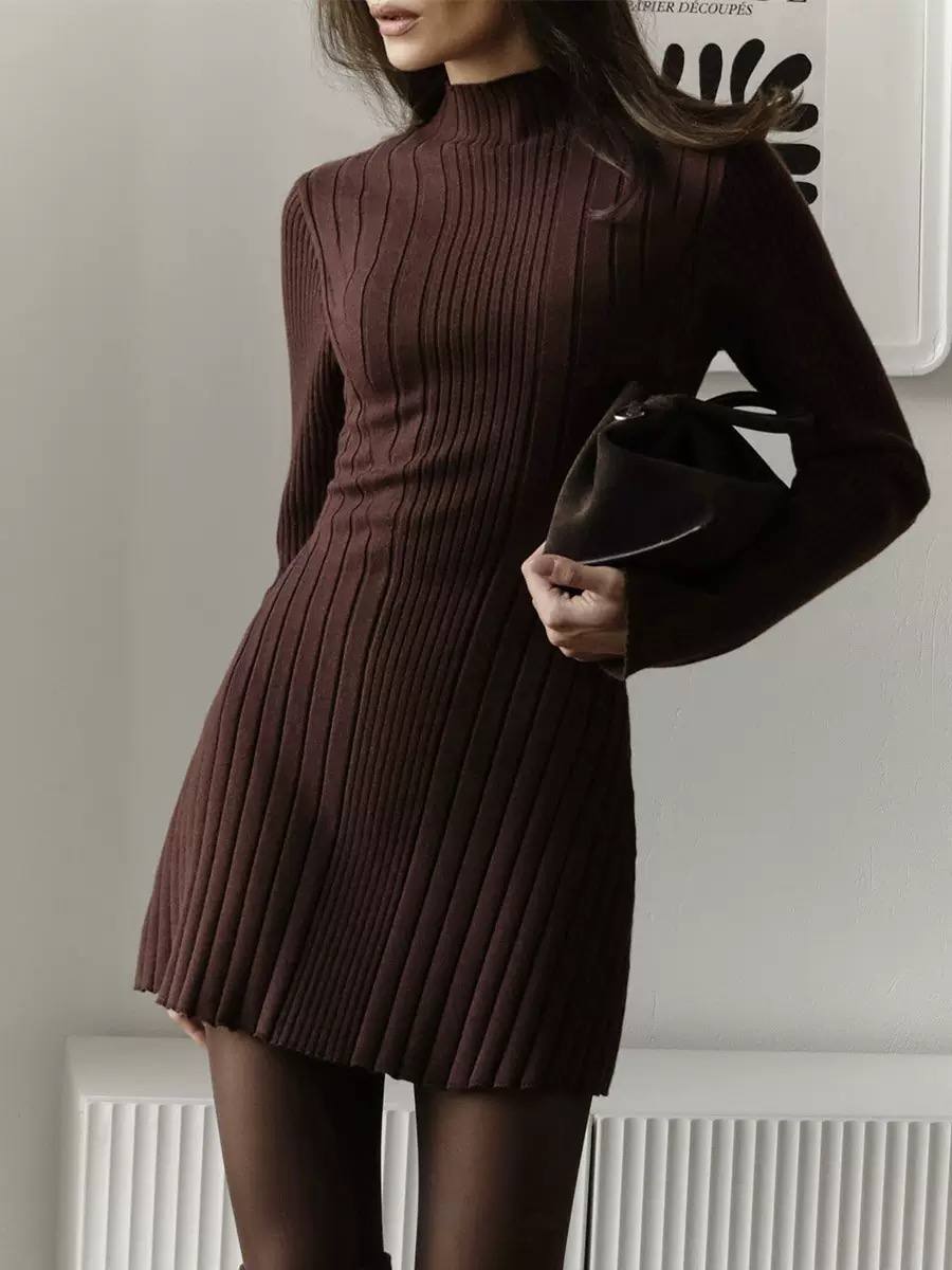 Ribbed Knit Sweater Dress – Long Sleeve Mock Neck Fitted Mini Dress