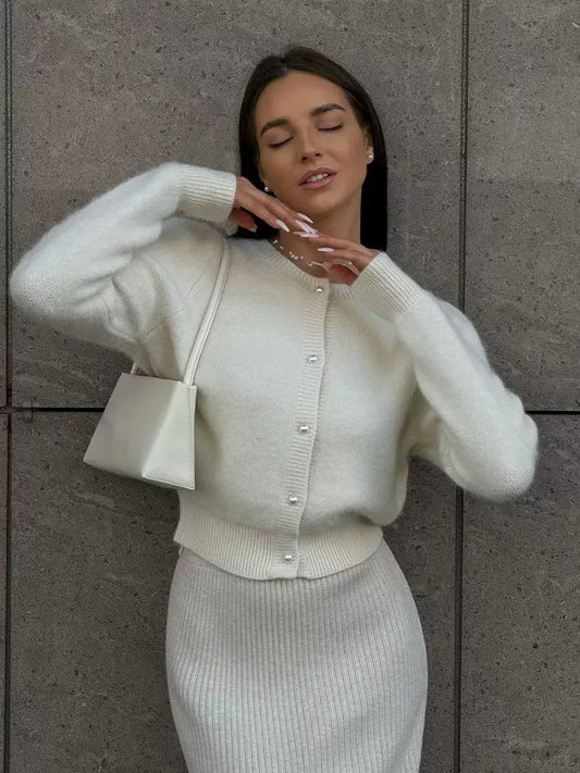 Fuzzy Knit Cardigan Round Neck & Ribbed Trim