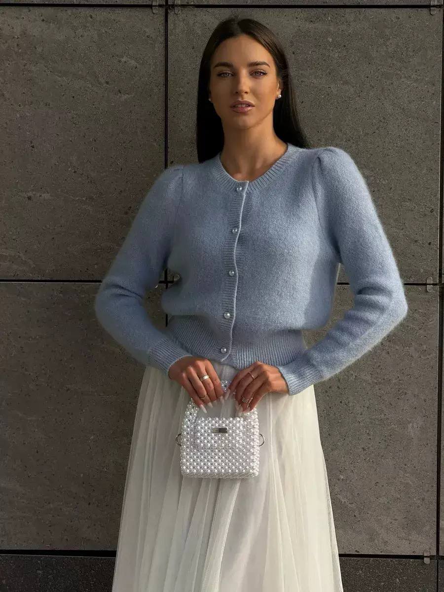 Fuzzy Knit Cardigan Round Neck & Ribbed Trim