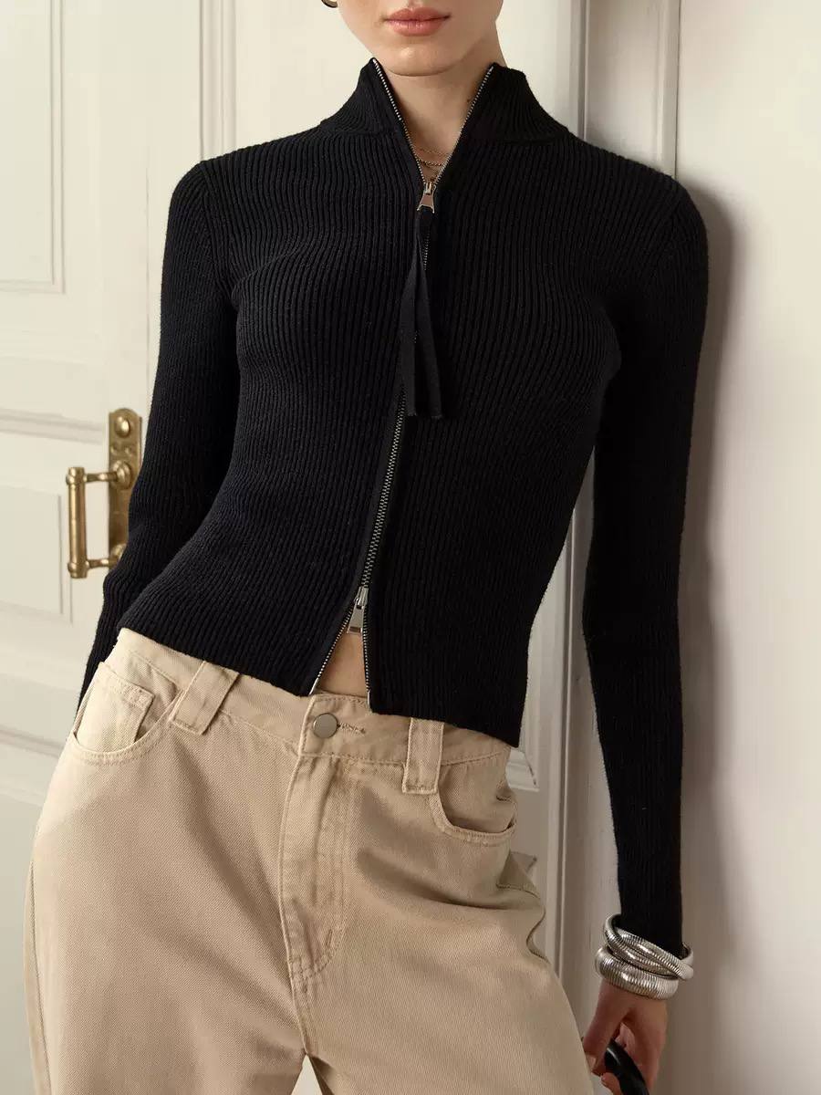 Ribbed Knit Zip-Up Cardigan High Neck & Stretch Fabric