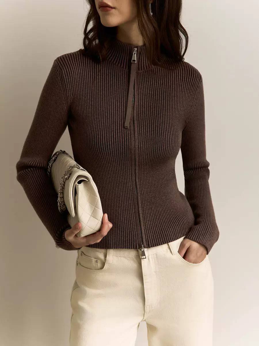Ribbed Knit Zip-Up Cardigan High Neck & Stretch Fabric
