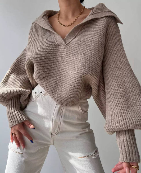 Knit Sweater – Long Sleeve Ribbed Pullover with Relaxed Fit and V-Neck Collar