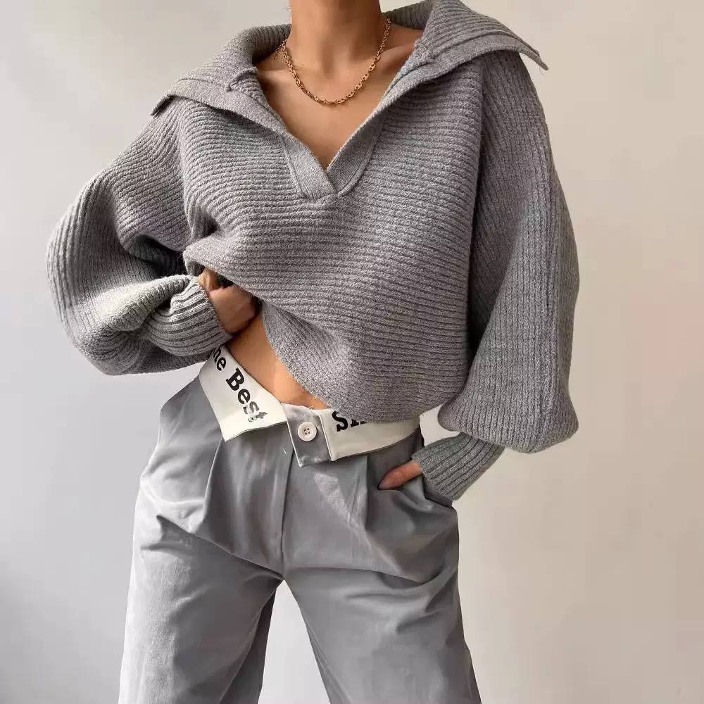 Knit Sweater – Long Sleeve Ribbed Pullover with Relaxed Fit and V-Neck Collar