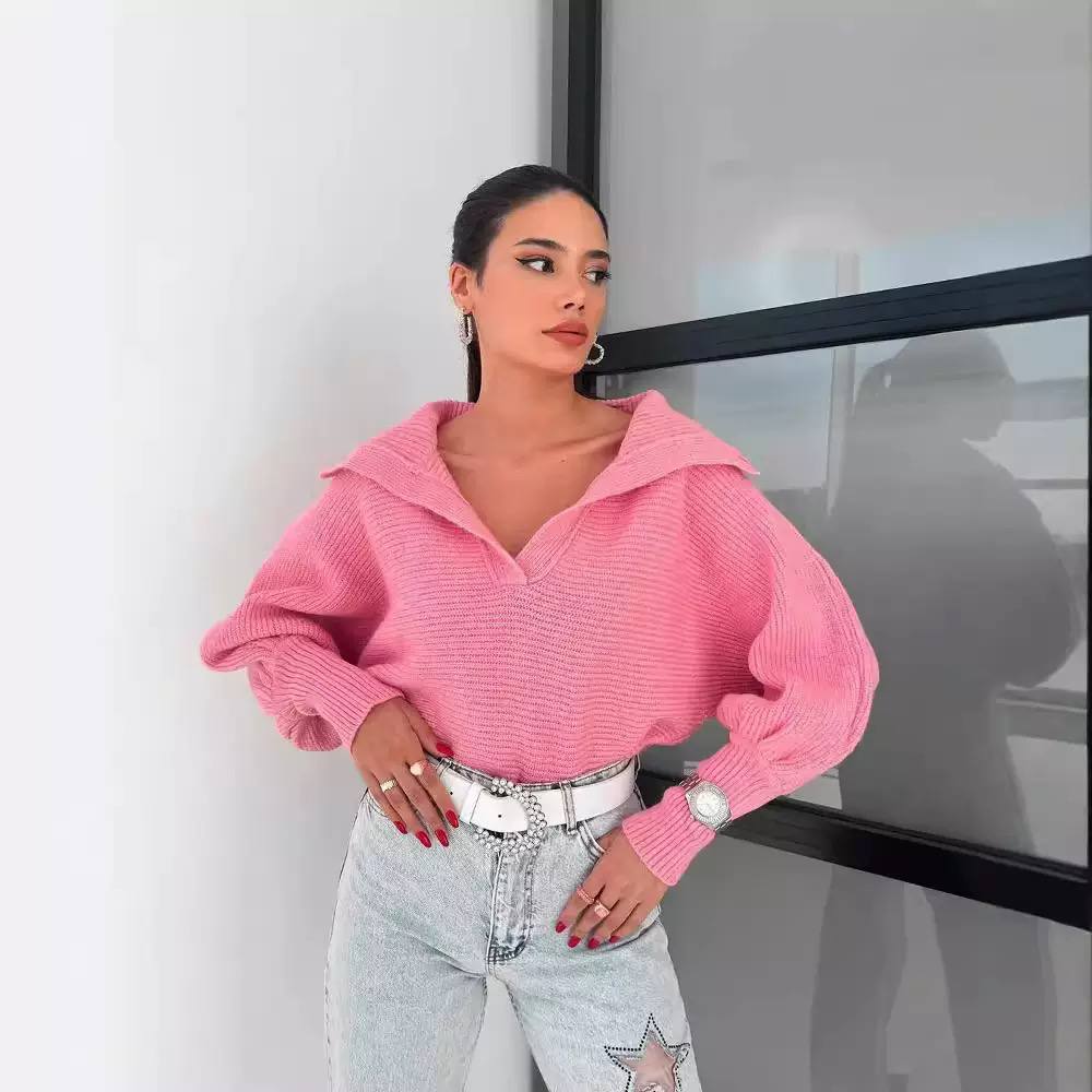 Knit Sweater – Long Sleeve Ribbed Pullover with Relaxed Fit and V-Neck Collar