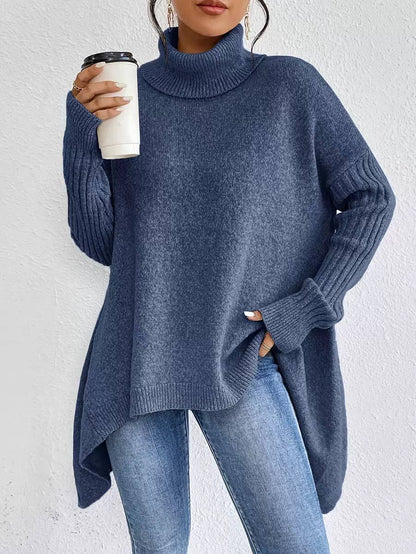 Oversized Turtleneck Knit Sweater Asymmetric Hem & Relaxed Fit