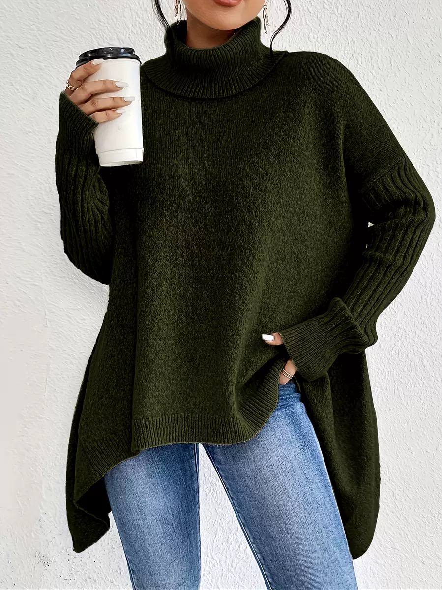 Oversized Turtleneck Knit Sweater Asymmetric Hem & Relaxed Fit