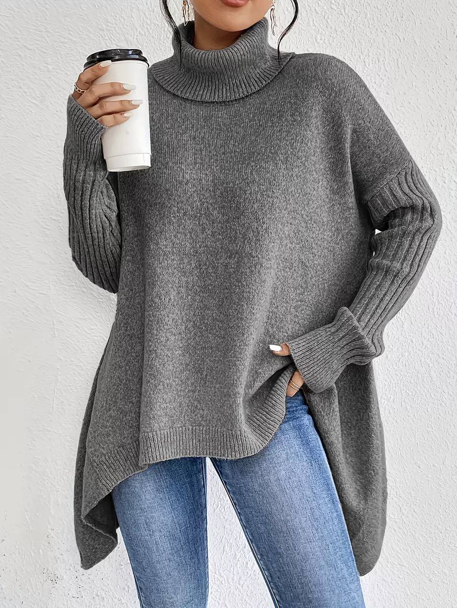 Oversized Turtleneck Knit Sweater Asymmetric Hem & Relaxed Fit