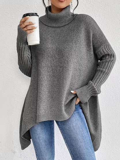 Oversized Turtleneck Knit Sweater Asymmetric Hem & Relaxed Fit