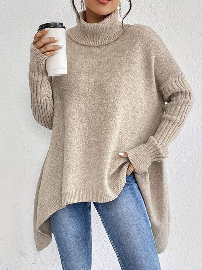 Oversized Turtleneck Knit Sweater Asymmetric Hem & Relaxed Fit