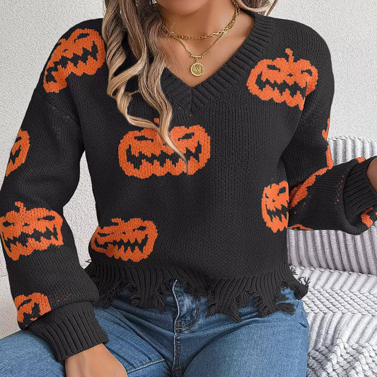 Pumpkin V-Neck Knit Sweater Distressed Hem & Ribbed Cuffs