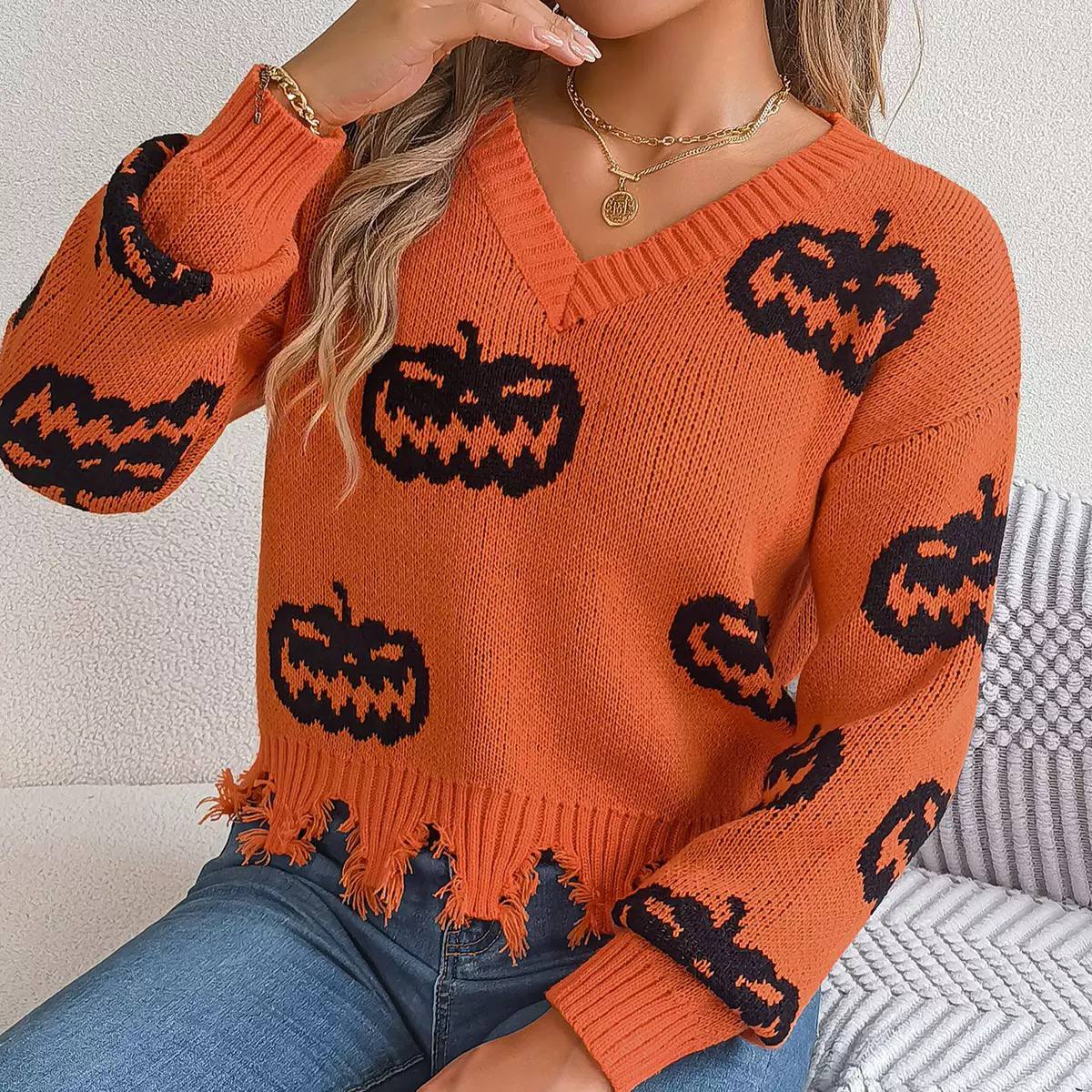 Pumpkin V-Neck Knit Sweater Distressed Hem & Ribbed Cuffs