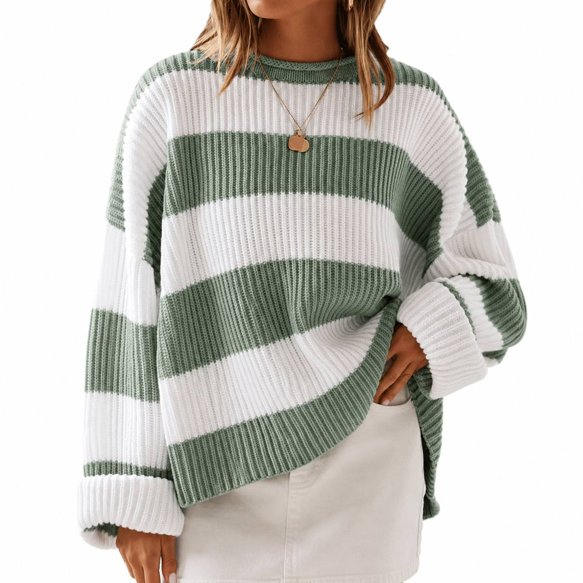 Striped Knit Sweater –  Crew Neck Relaxed Fit Jumper with Colour Block Pattern
