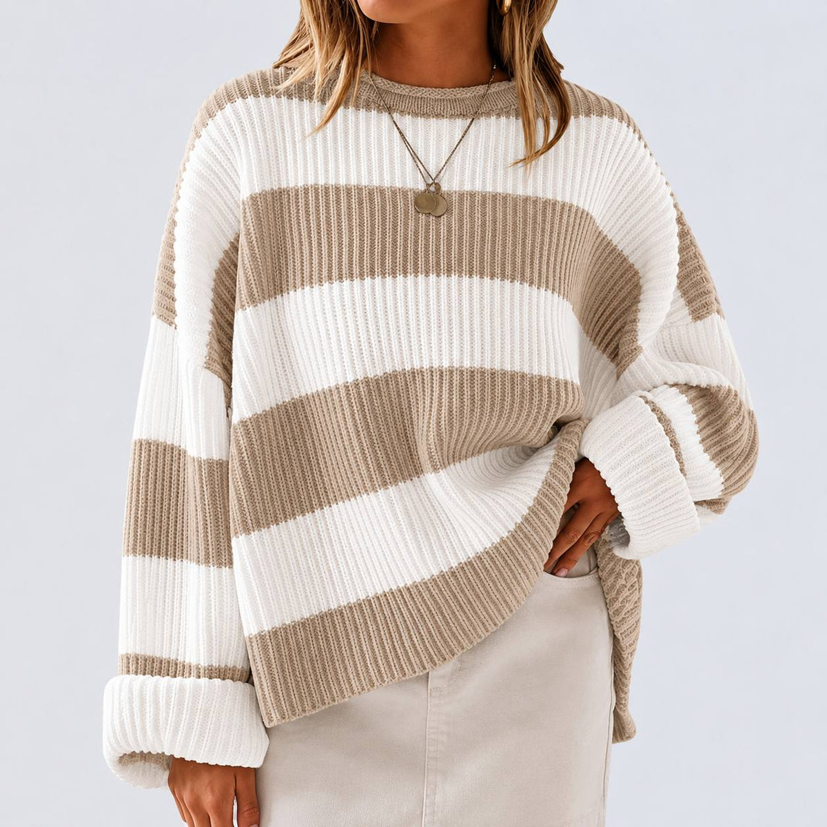 Striped Knit Sweater –  Crew Neck Relaxed Fit Jumper with Colour Block Pattern