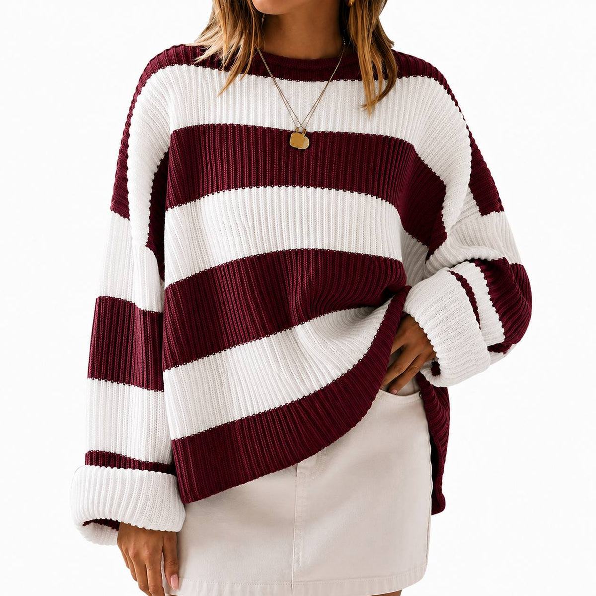 Striped Knit Sweater –  Crew Neck Relaxed Fit Jumper with Colour Block Pattern
