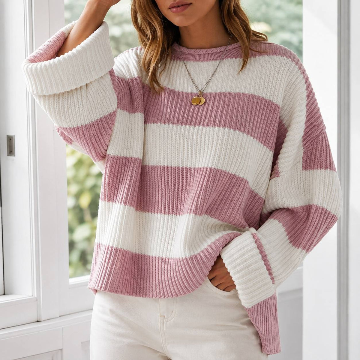 Striped Knit Sweater –  Crew Neck Relaxed Fit Jumper with Colour Block Pattern