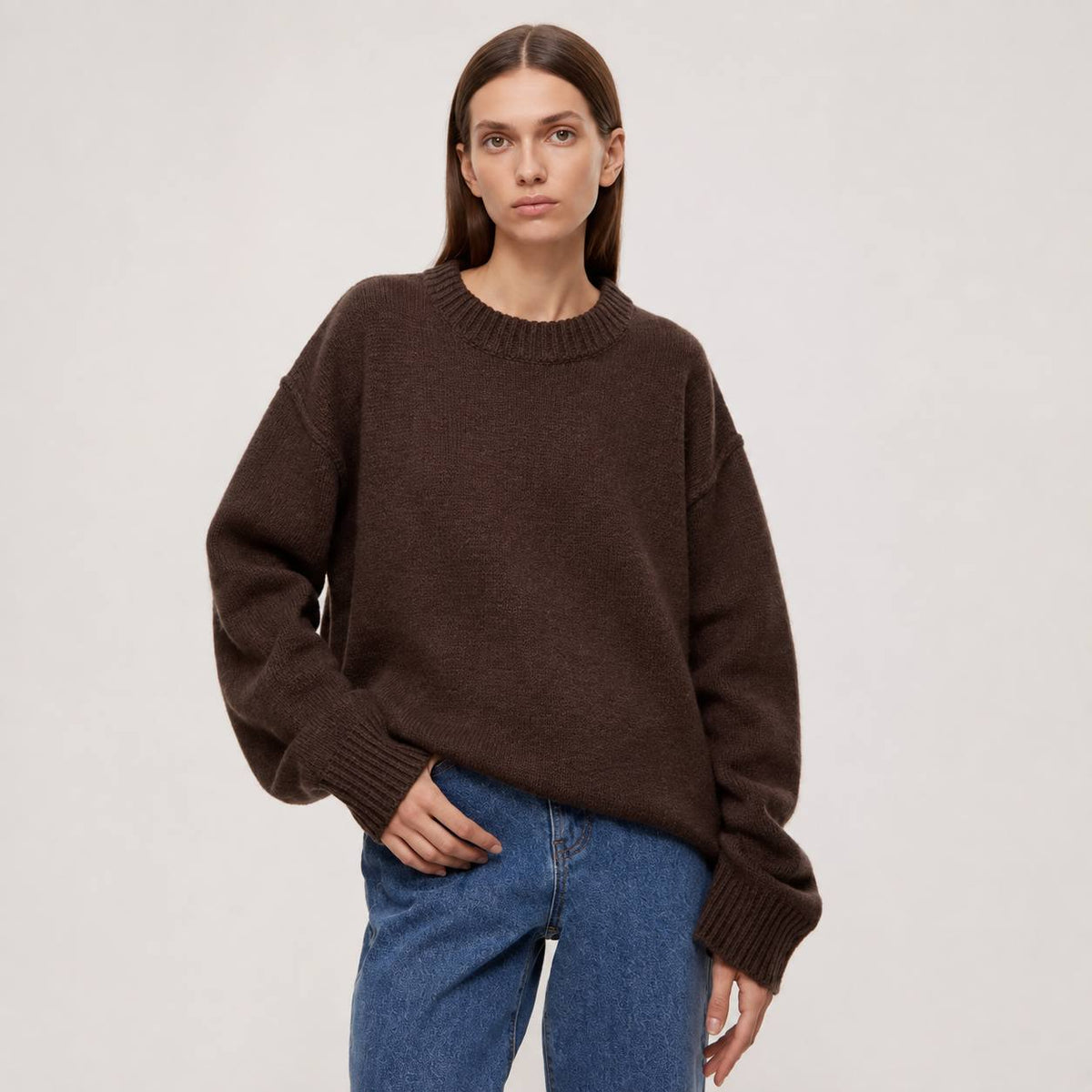 Oversized Knit Sweater –  Crew Neck Relaxed Fit Jumper with Ribbed Cuffs and Hem