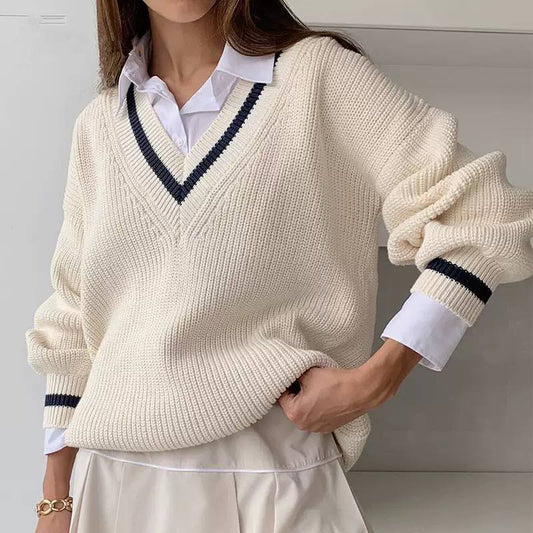V-Neck Knit Sweater – Long Sleeve Ribbed Jumper with Contrast Trim and Relaxed Fit