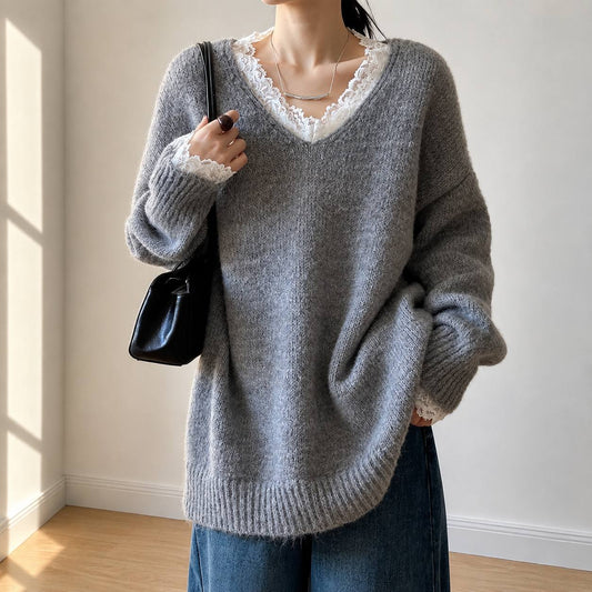 V-Neck Knit Sweater with Lace Trim – Cotton Oversized Sweater
