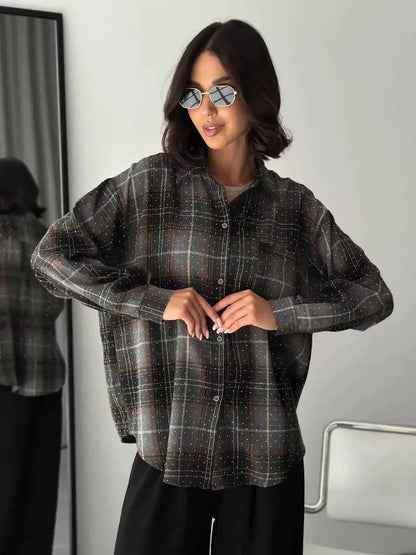 Oversized Plaid Shirt Jacket – Long Sleeve Button-Up Checkered Shacket with Relaxed Fit