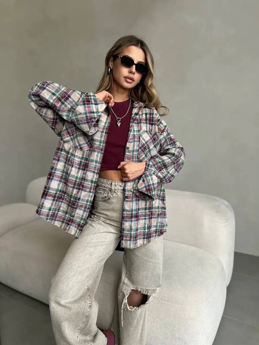 Oversized Plaid Shirt Jacket – Long Sleeve Button-Up Checkered Shacket with Relaxed Fit