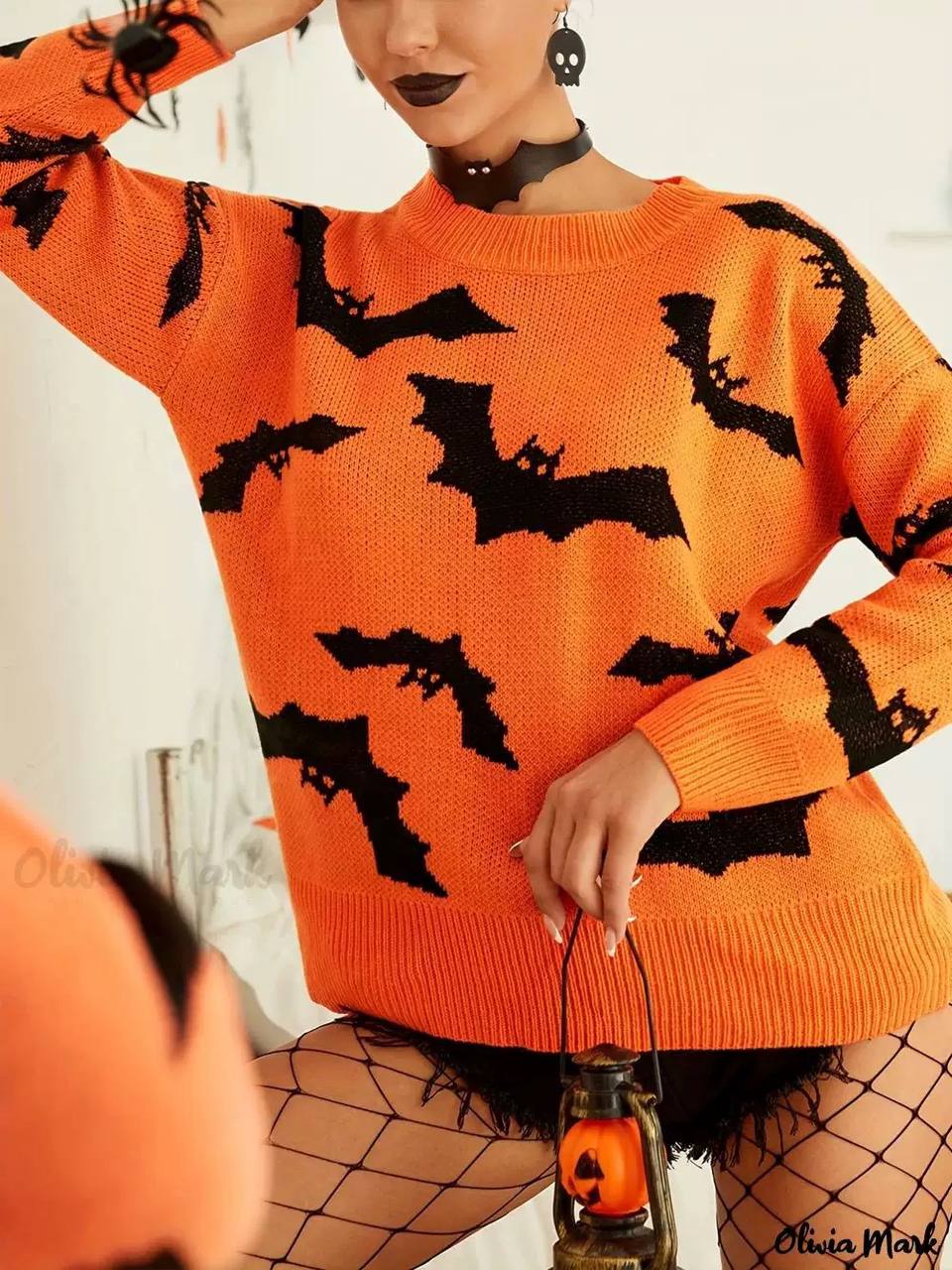 Halloween Bat Pattern Crew Neck Long Sleeve Knitted Sweater