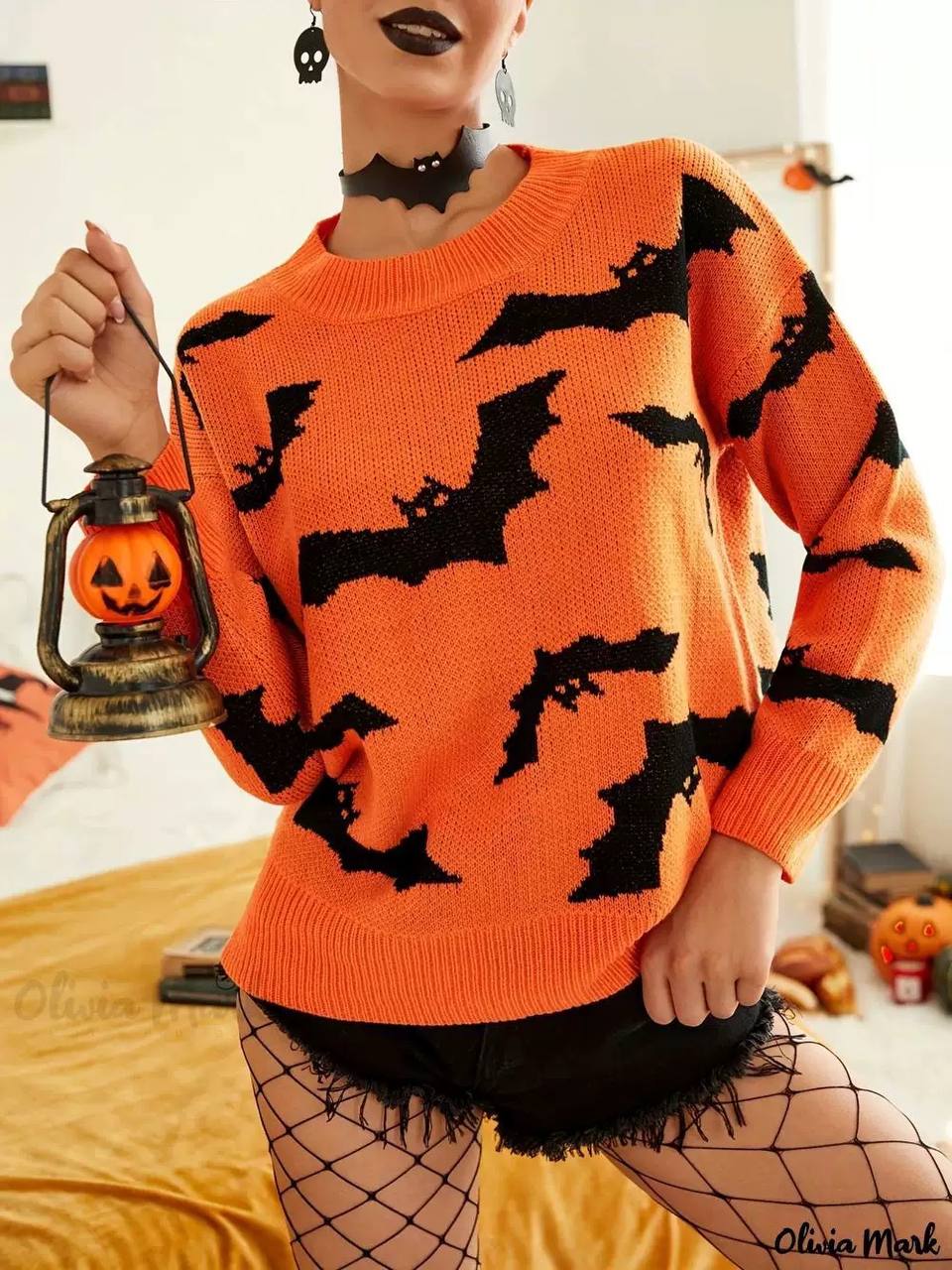 Halloween Bat Pattern Crew Neck Long Sleeve Knitted Sweater