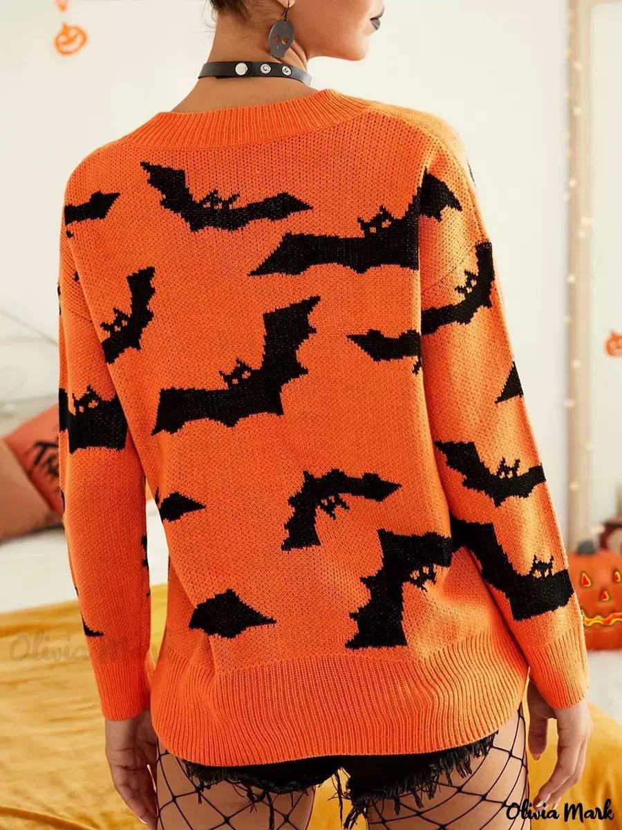 Halloween Bat Pattern Crew Neck Long Sleeve Knitted Sweater