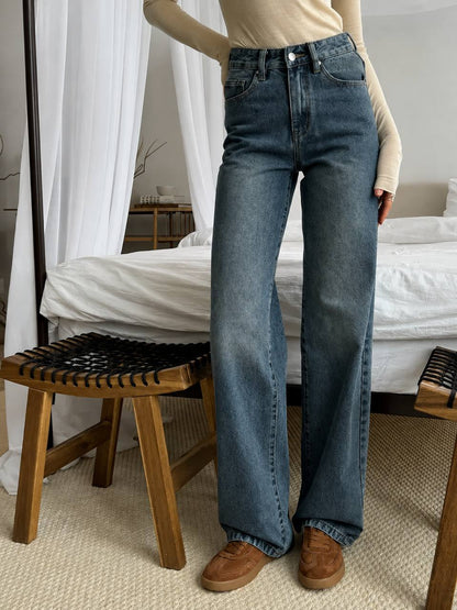 High-Waisted Wide-Leg Denim Jeans - Straight Relaxed Fit