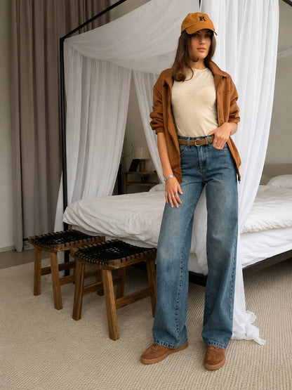 High-Waisted Wide-Leg Denim Jeans - Straight Relaxed Fit