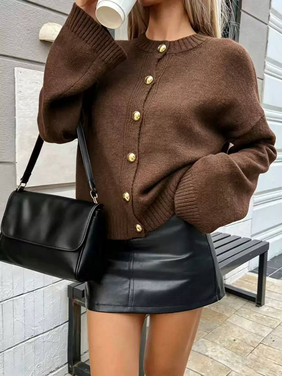 Round Neck Button-Front Knitted Cardigan with Long Sleeves and Relaxed Fit
