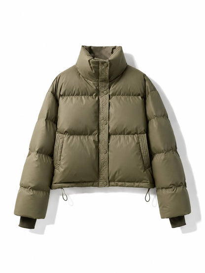 High Neck Puffer Jacket with Zip Front, Side Pockets and Adjustable Hem