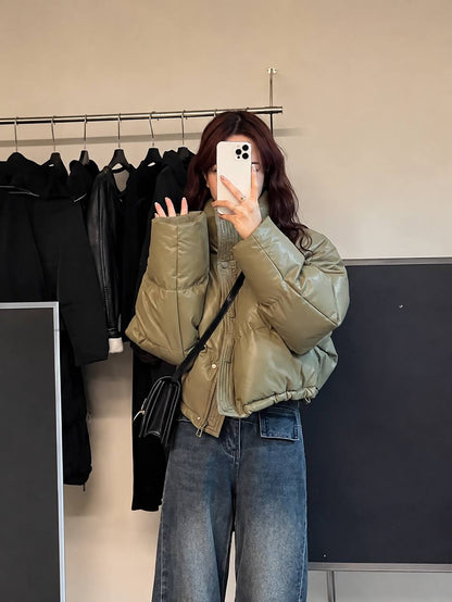 High Neck Puffer Jacket with Zip Front, Side Pockets and Adjustable Hem