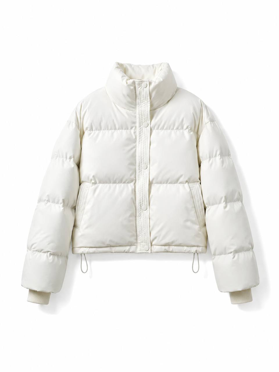 High Neck Puffer Jacket with Zip Front, Side Pockets and Adjustable Hem