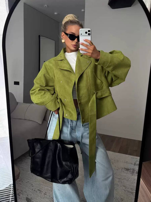 Oversized Suede Moto Jacket with Wide Lapel Collar, Long Sleeves and Belt Detail
