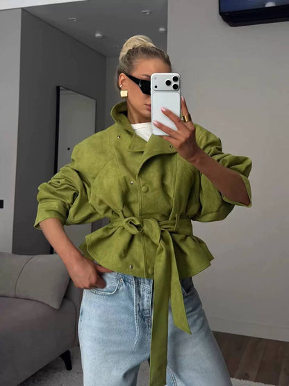 Oversized Suede Moto Jacket with Wide Lapel Collar, Long Sleeves and Belt Detail
