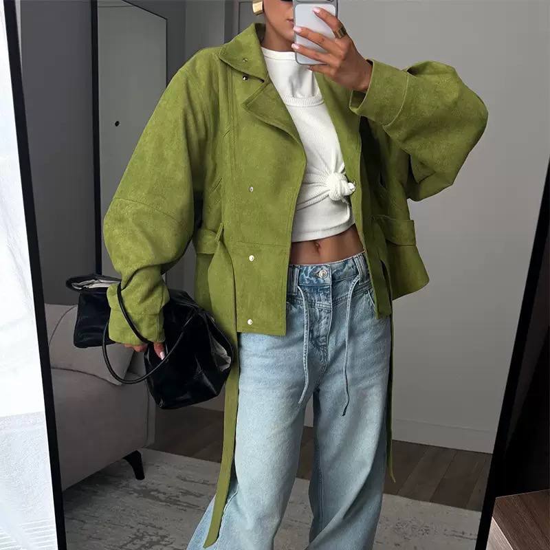 Oversized Suede Moto Jacket with Wide Lapel Collar, Long Sleeves and Belt Detail