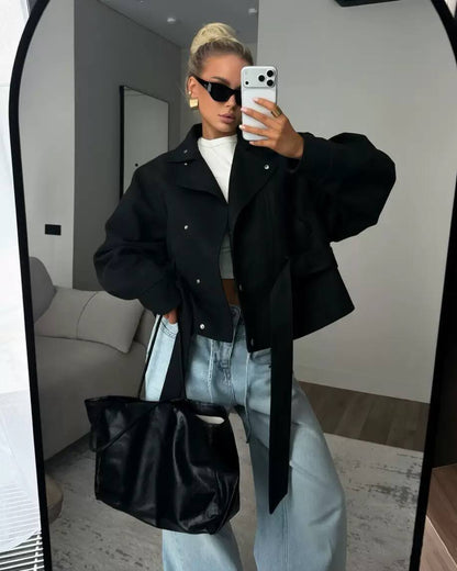 Oversized Suede Moto Jacket with Wide Lapel Collar, Long Sleeves and Belt Detail