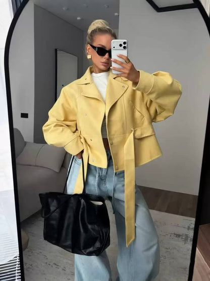 Oversized Suede Moto Jacket with Wide Lapel Collar, Long Sleeves and Belt Detail