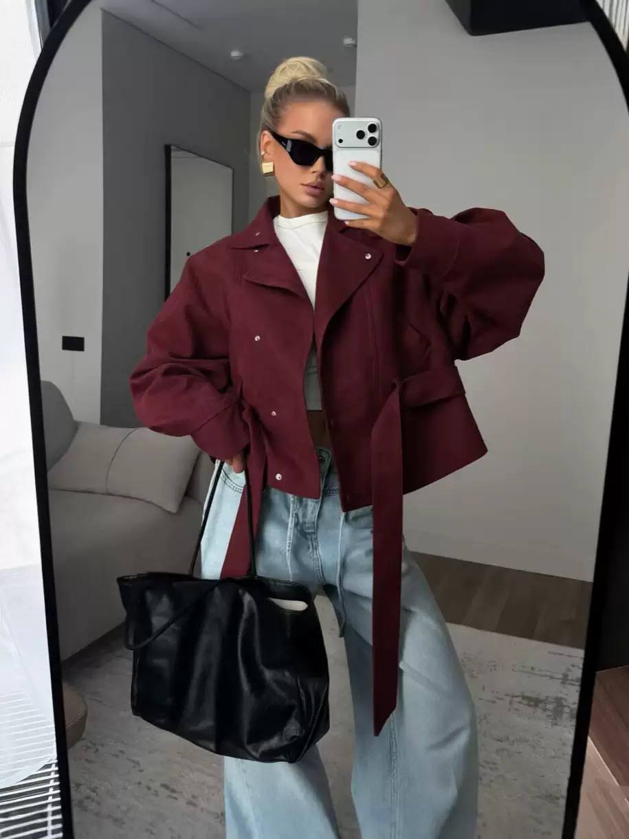 Oversized Suede Moto Jacket with Wide Lapel Collar, Long Sleeves and Belt Detail