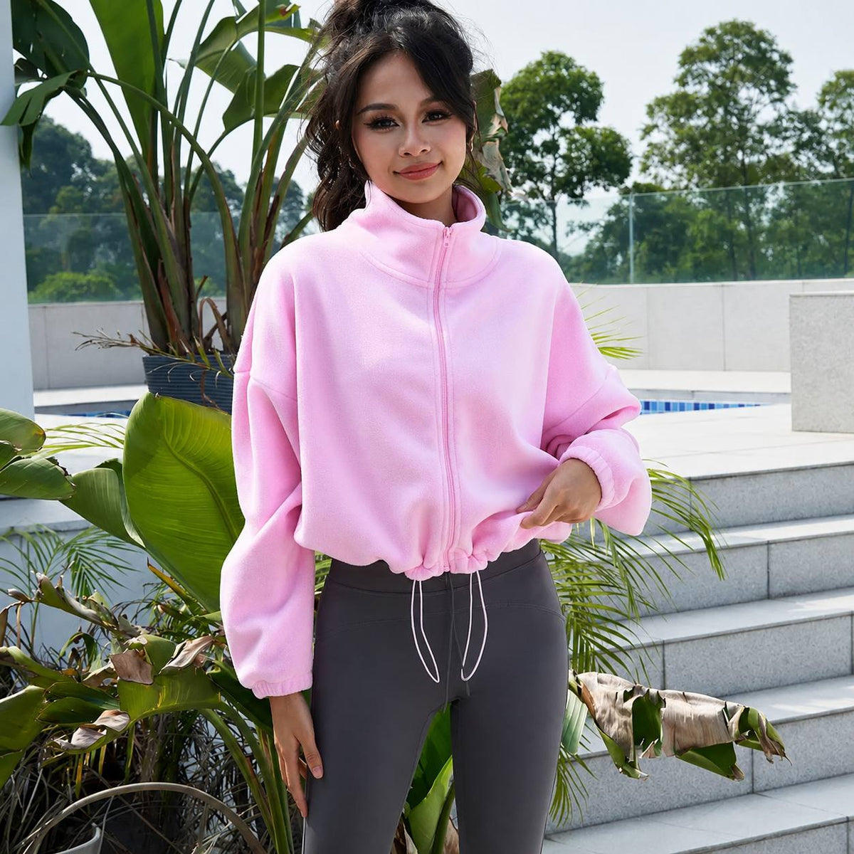 Oversized High Neck Full-Zip Fleece Jacket with Drawstring Hem and Relaxed Long Sleeves