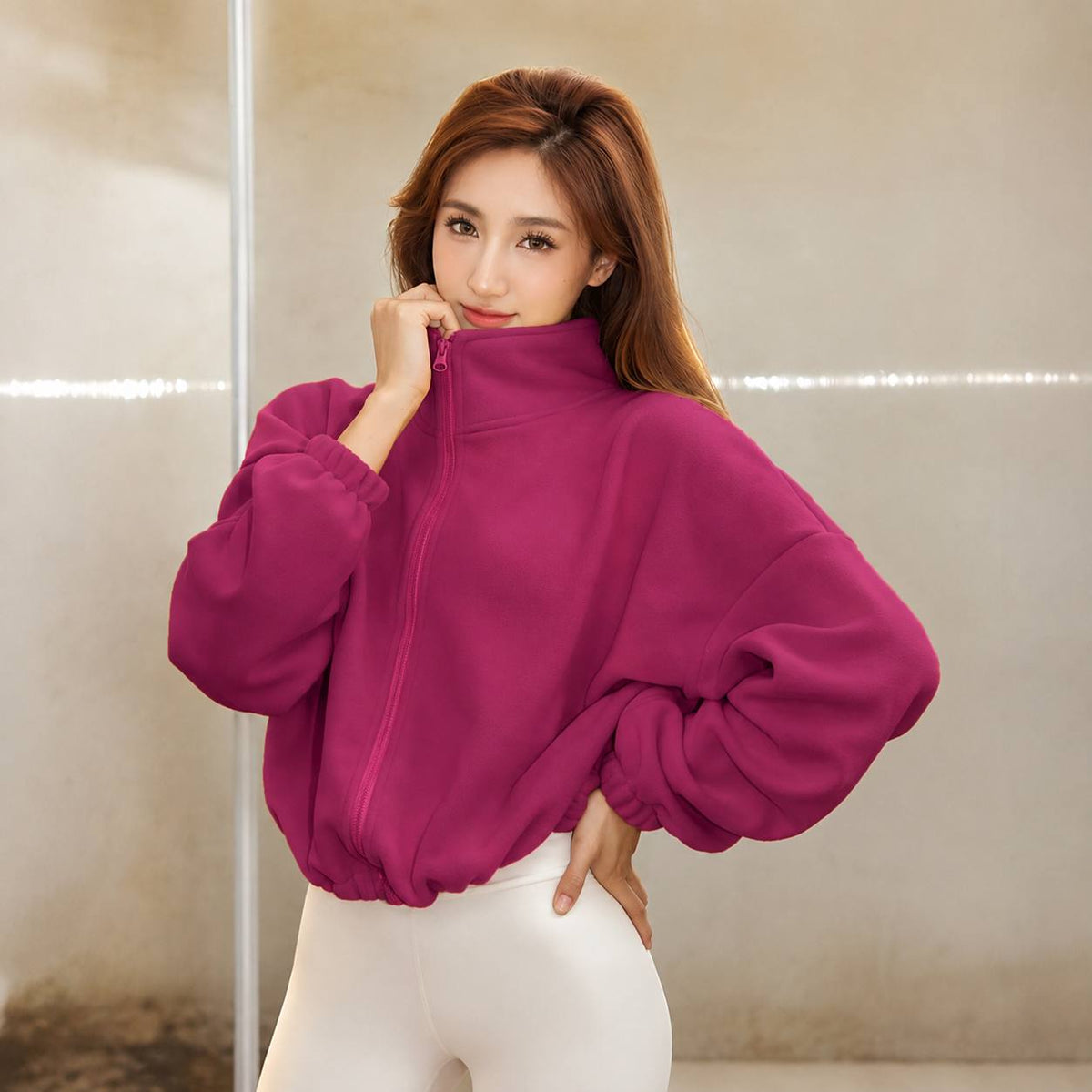 Oversized High Neck Full-Zip Fleece Jacket with Drawstring Hem and Relaxed Long Sleeves