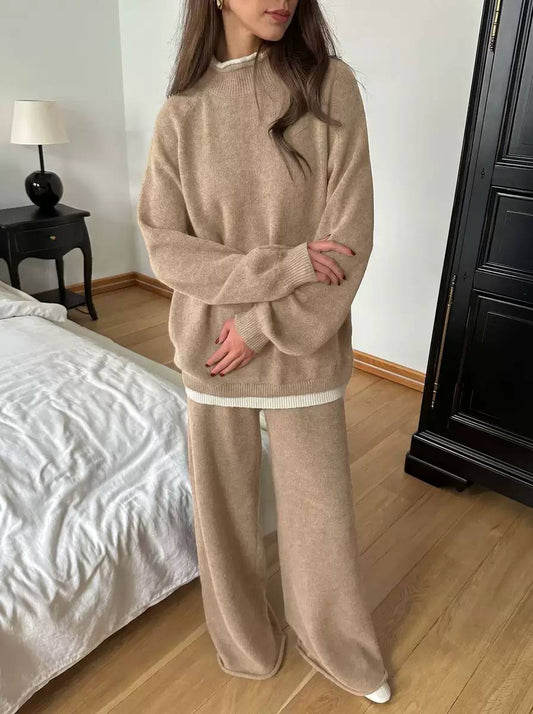 Two-Piece Knitted Crew Neck Long Sleeve Sweater & Wide-Leg Pants Lounge Set