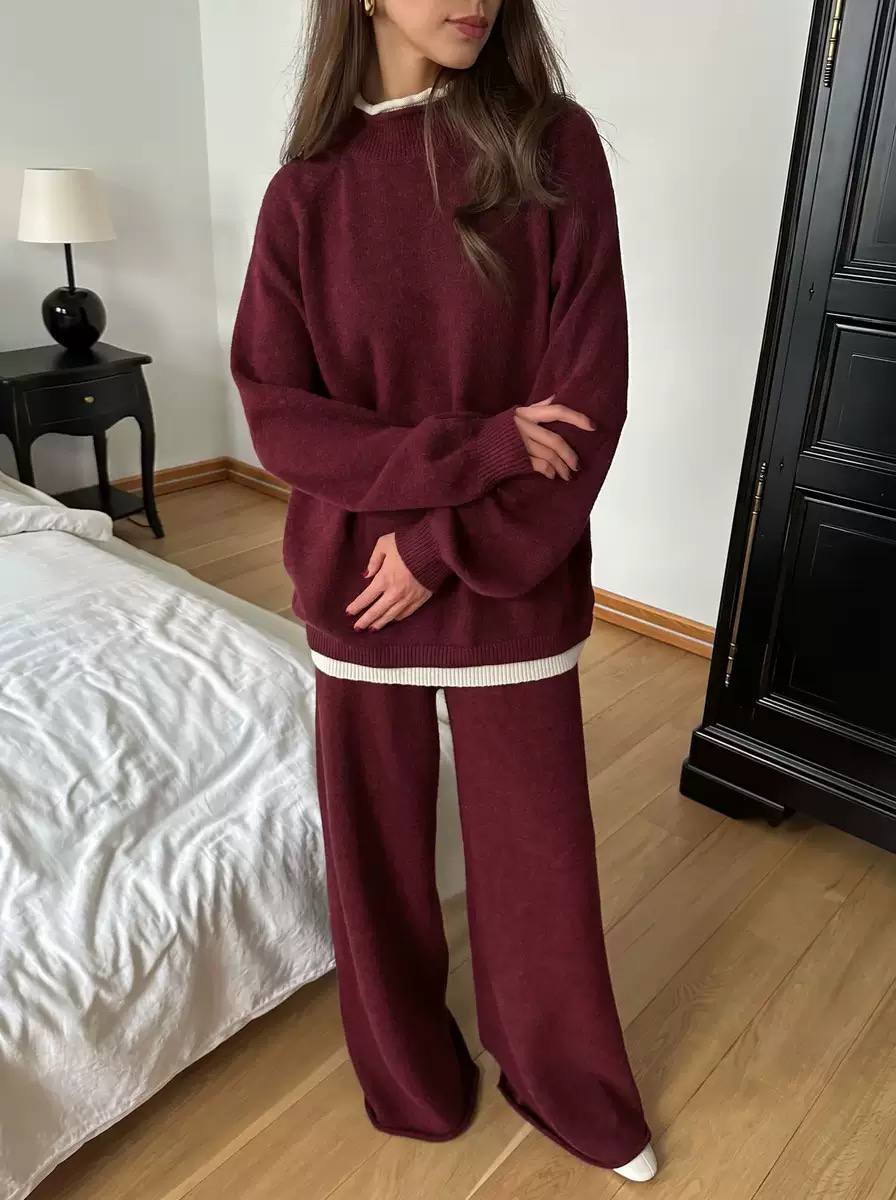 Two-Piece Knitted Crew Neck Long Sleeve Sweater & Wide-Leg Pants Lounge Set
